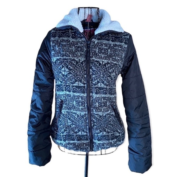 Bernardo Collection B Fleece Faux Fur Geometric Print Puffer Coat Black XS - Picture 1 of 13